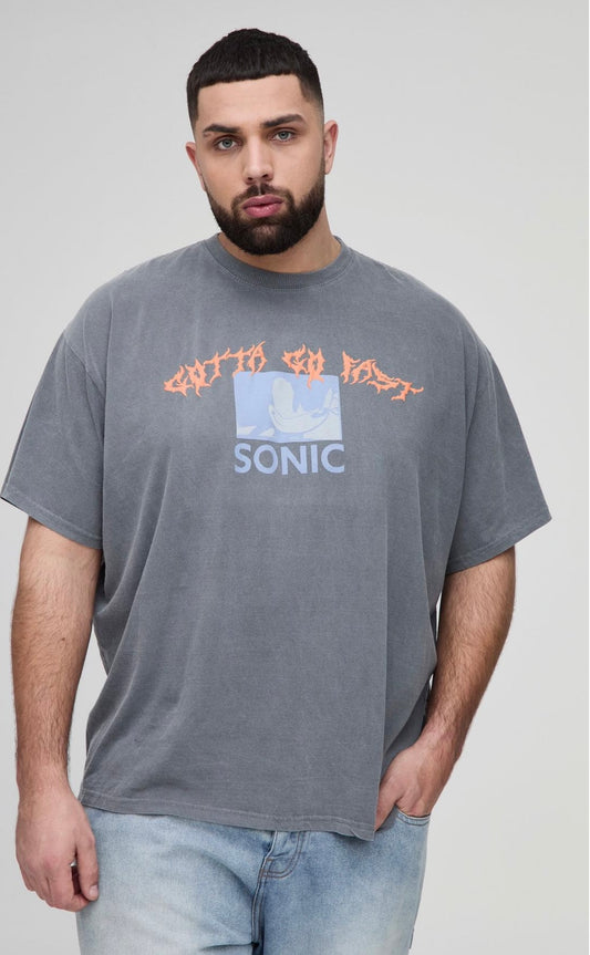 BoohooMAN Plus Sonic Licence Washed T-Shirt In Grey