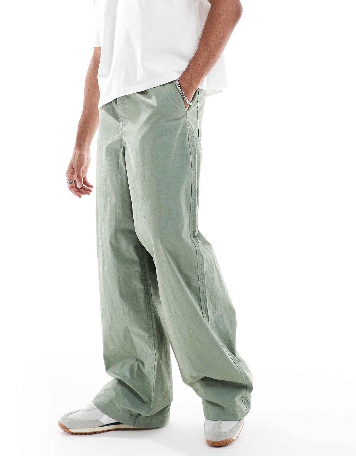 ASOS DESIGN super baggy pull on trousers in green poplin