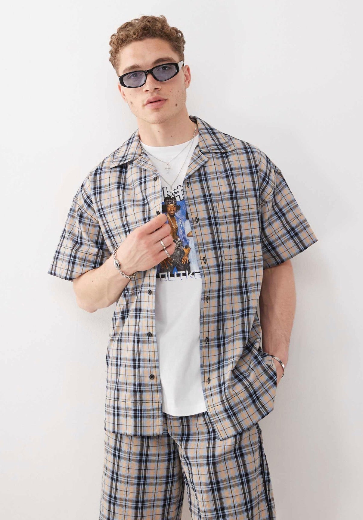 COLLUSION check short sleeve shirt in orange and blue check