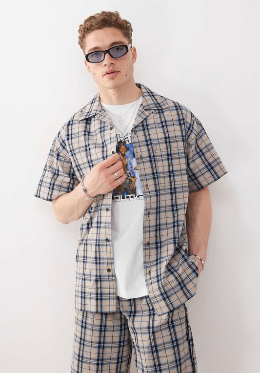 COLLUSION check short sleeve shirt in orange and blue check