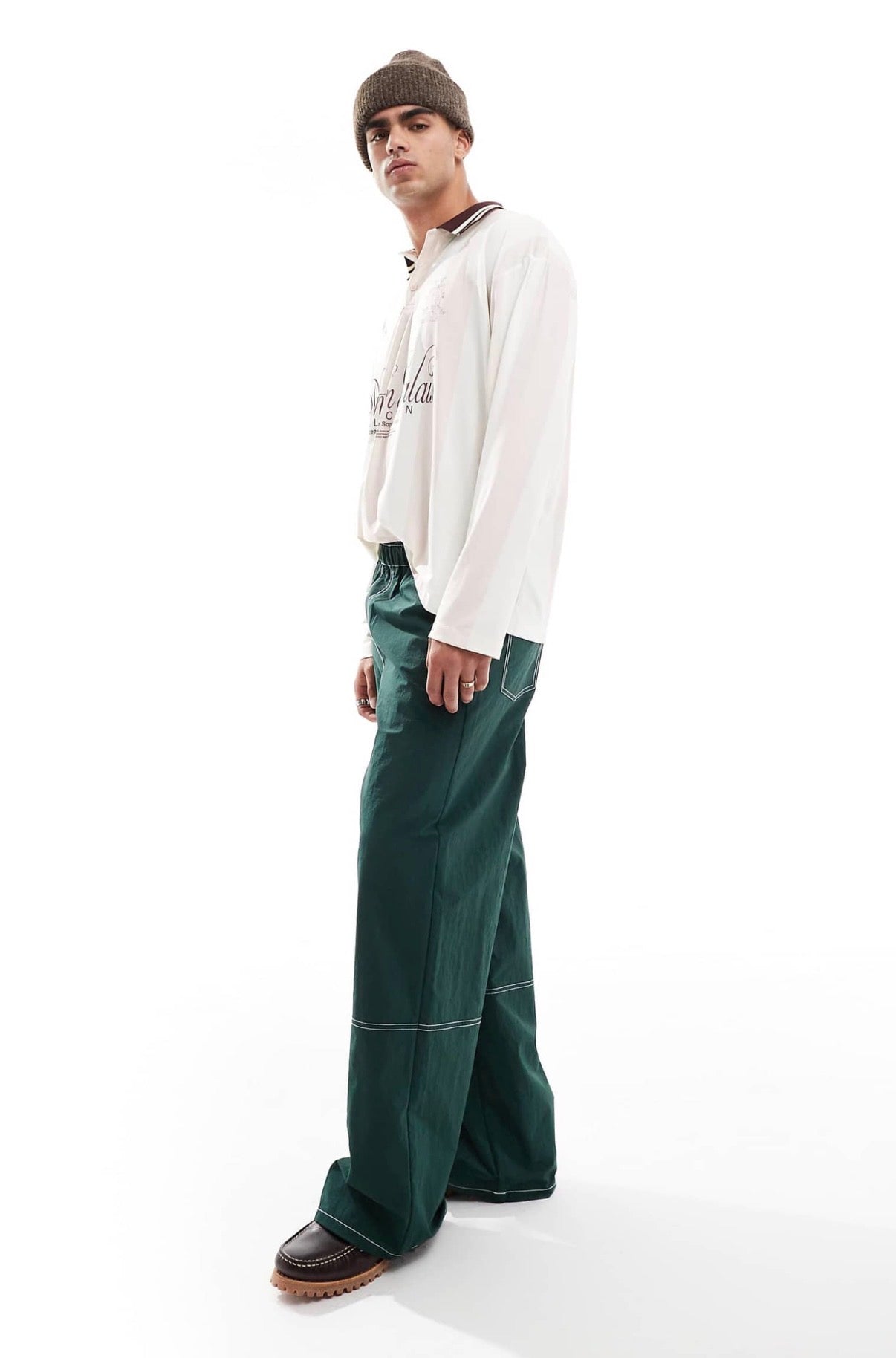 ASOS DESIGN baggy trouser in green nylon with contrast stitch