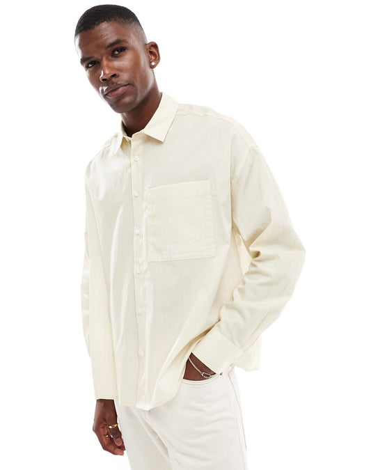 ASOS design volume oversized shirt with embroidery in off white stripe
