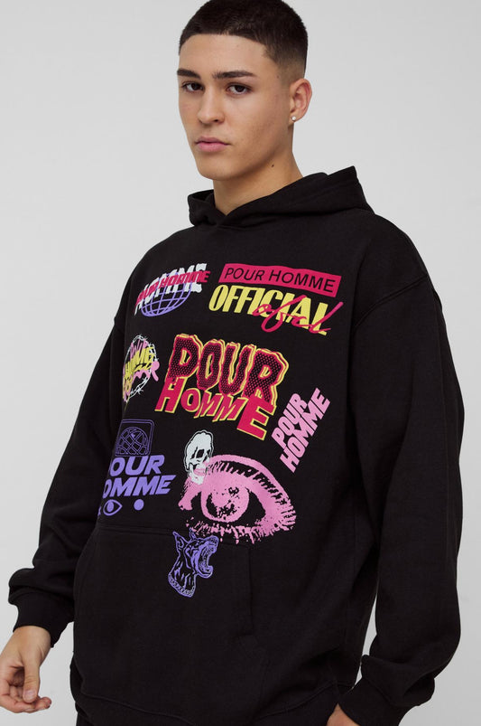 BoohooMAN OVERSIZED GOTHIC MOTO HOODIE