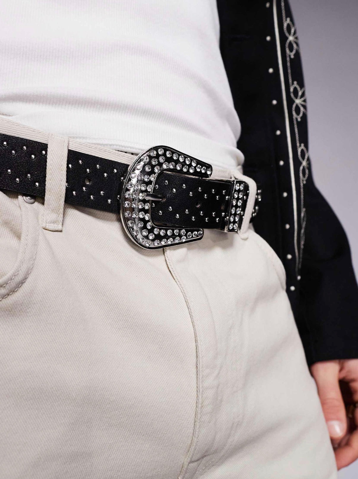ASOS DESIGN western cowboy crystal studded belt in black faux leather
