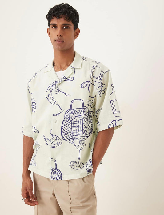 ASOS DESIGN boxy oversized revere shirt with picnic print in cream
