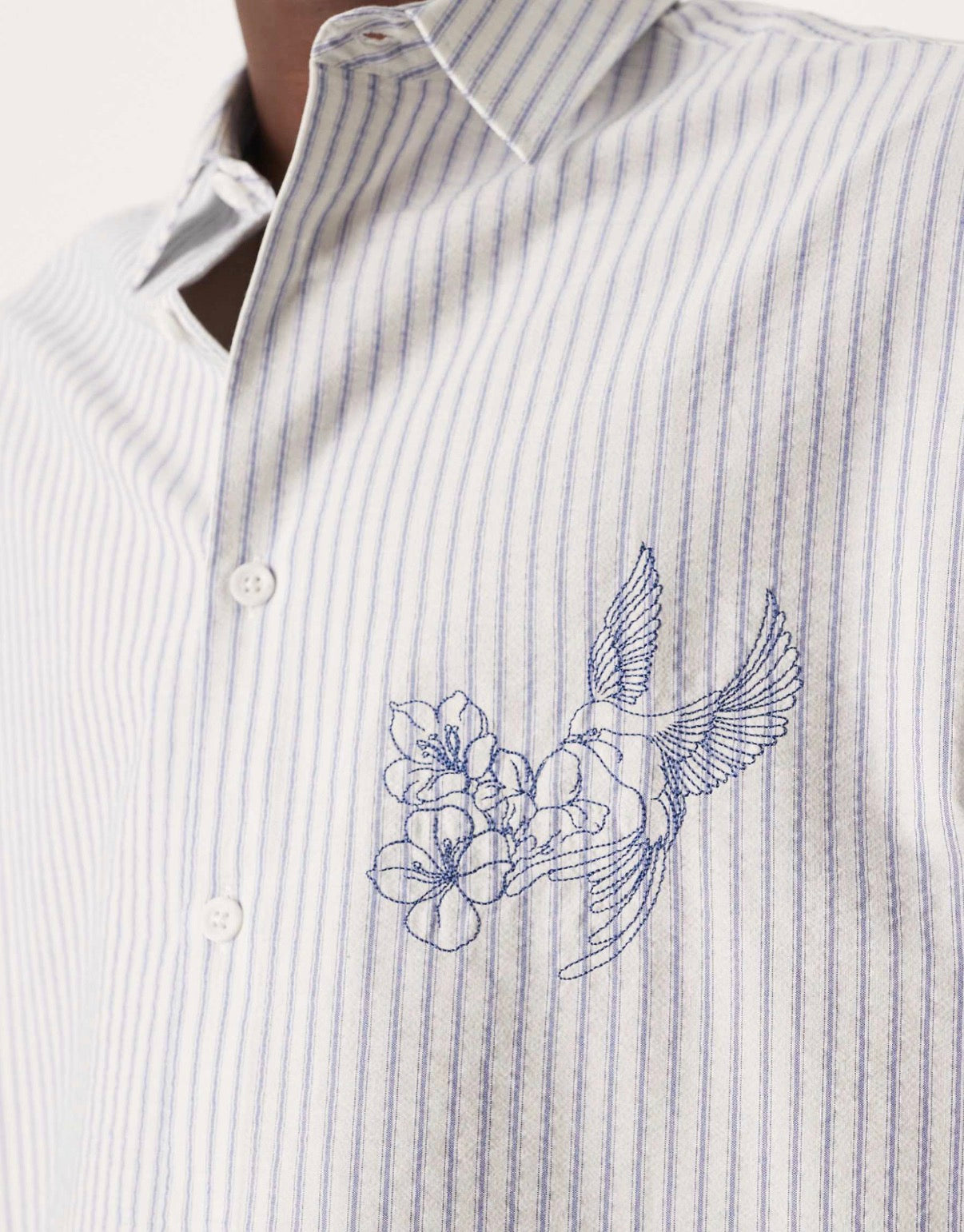 ASOS DESIGN oversized seersucker stripe shirt in beige with embroidery