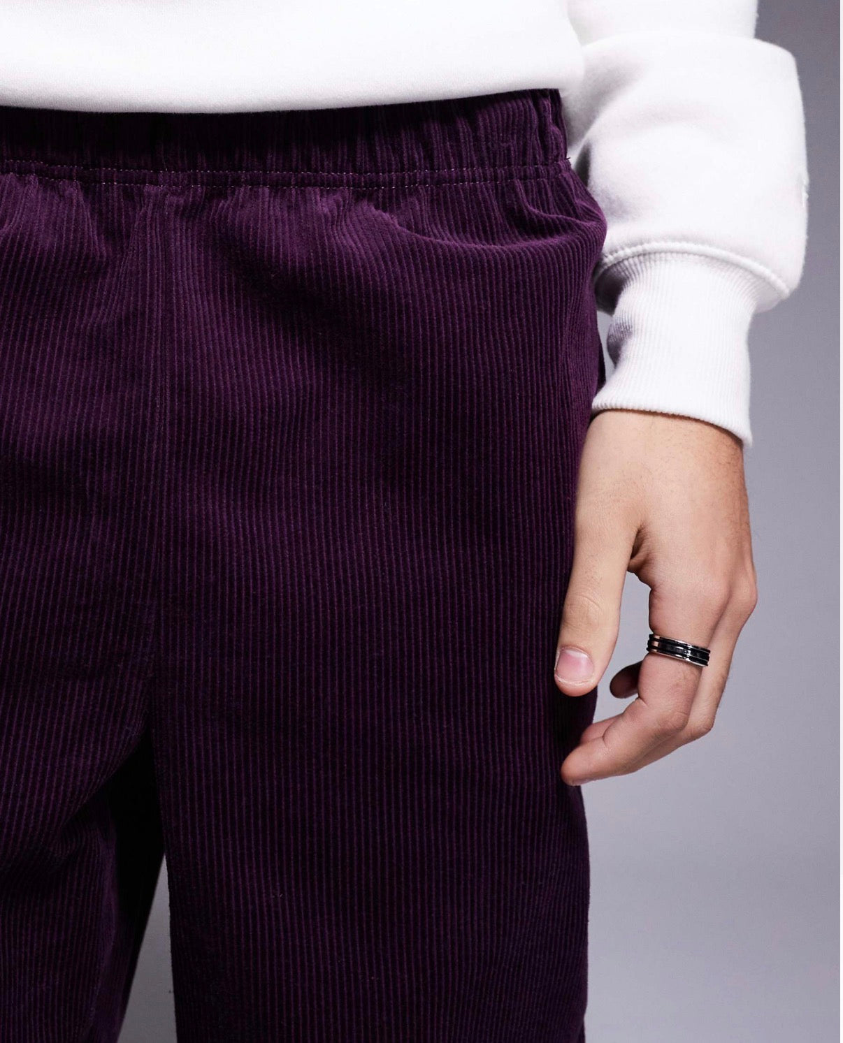 ASOS DESIGN pull on trouser in purple cord with stripe detail