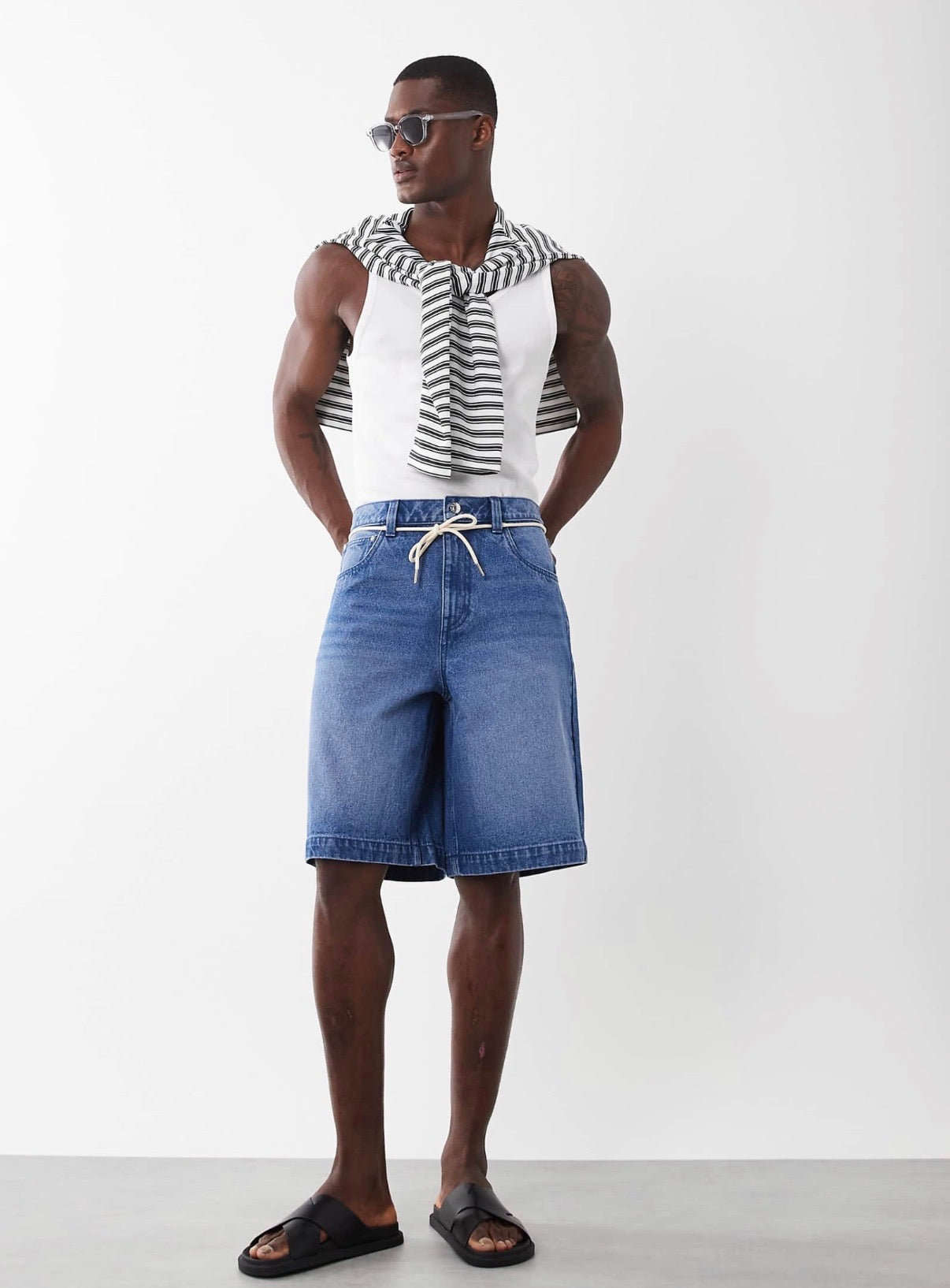 ASOS DESIGN loose denim jorts in mid wash blue with self tie