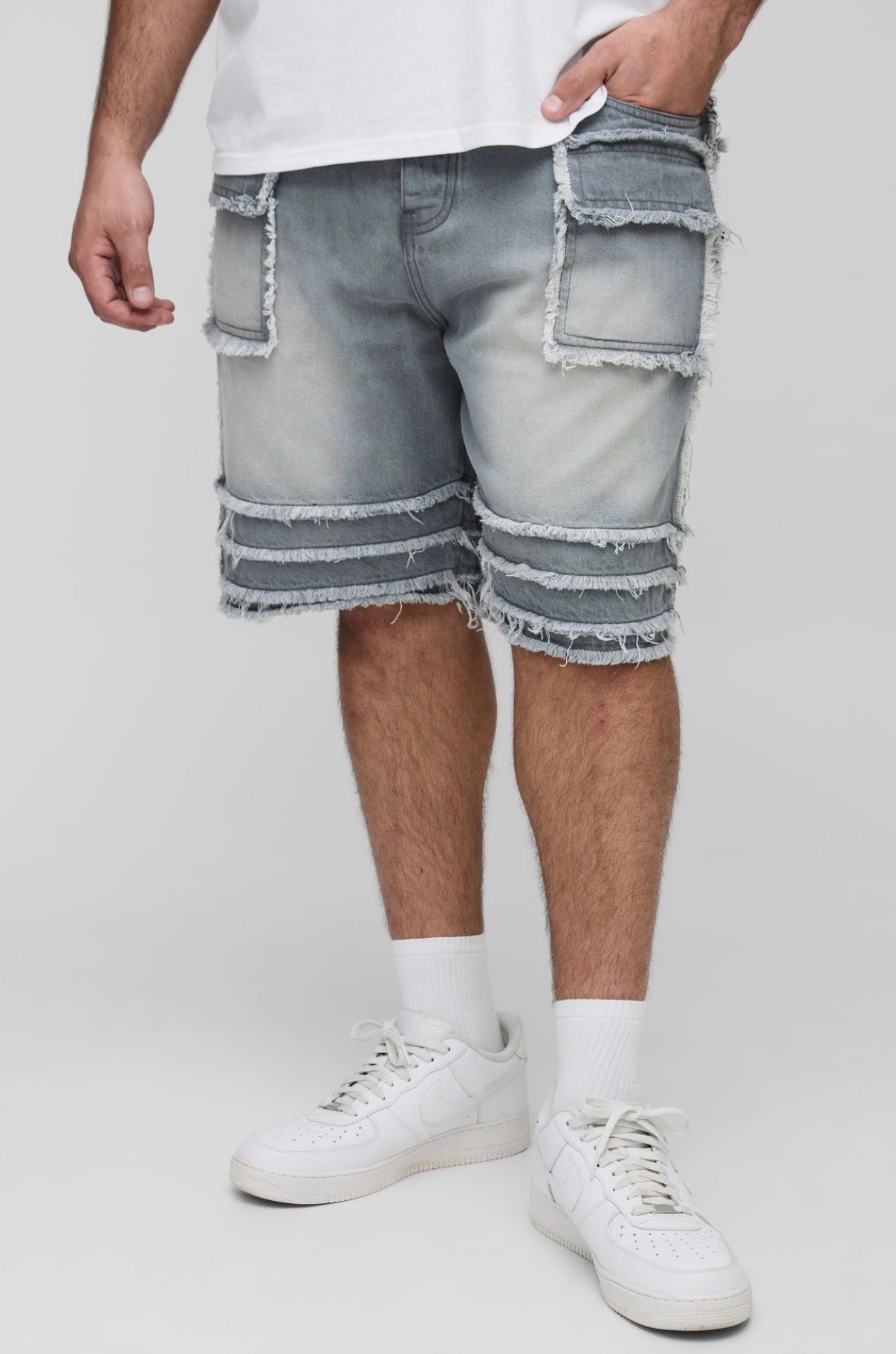 BoohooMAN Plus Slim Fit Frayed Panel Denim Shorts
