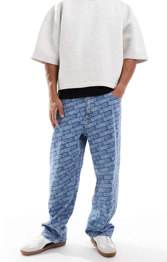 Bershka printed baggy jean in blue