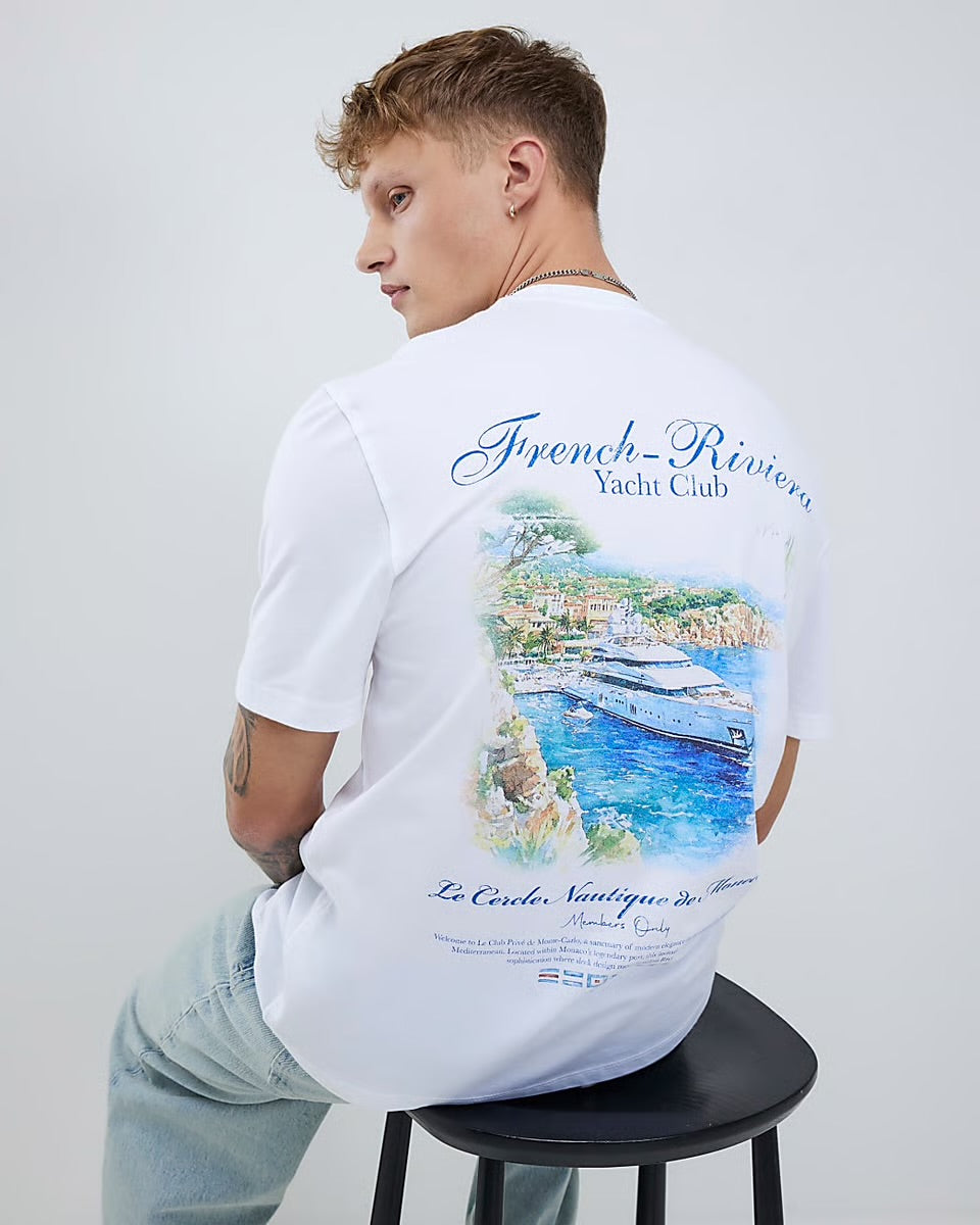 River Island Mens T-Shirt White Regular Fit French Riviera