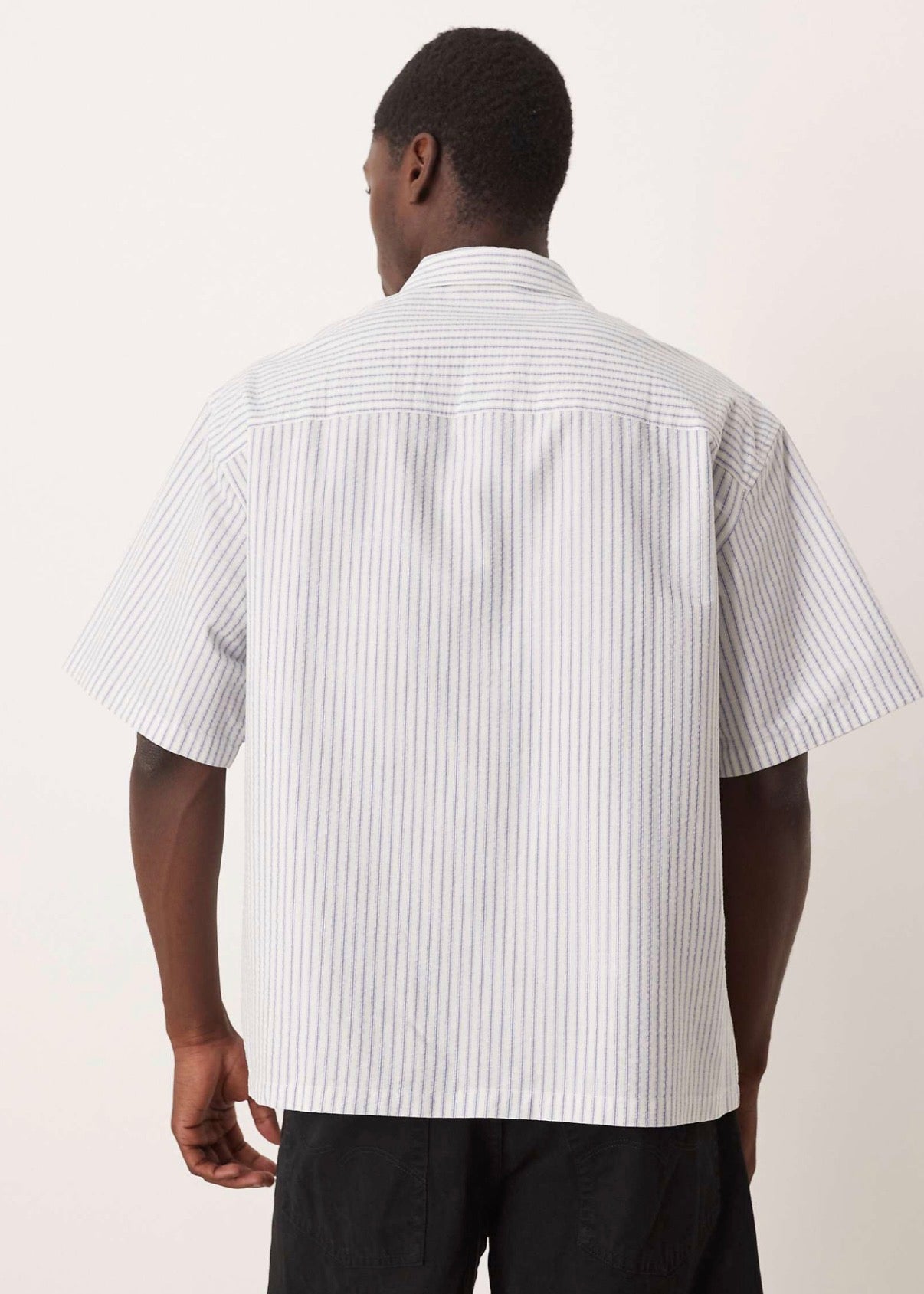 ASOS DESIGN oversized seersucker stripe shirt in beige with embroidery