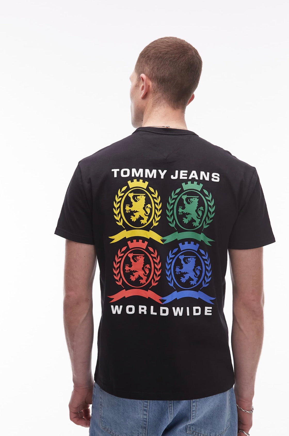 Tommy Jeans colourful crest logo t-shirt with backprint graphic in black