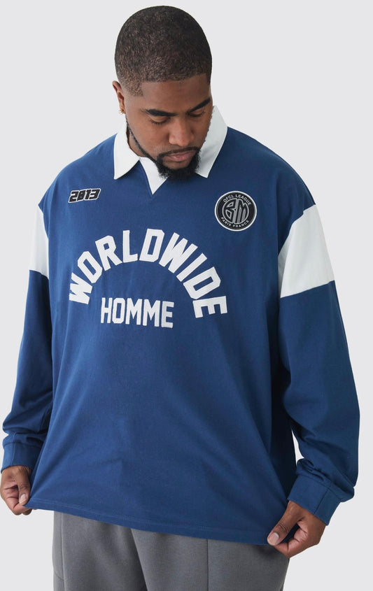 BoohooMAN Plus Oversized Worldwide Applique Rugby Polo