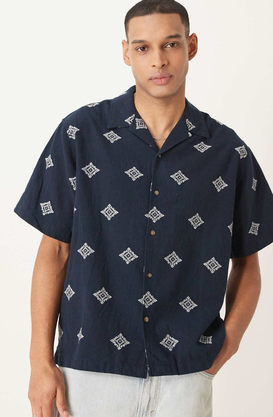 Selected Homme boxy fit revere collar shirt with embroidery in navy