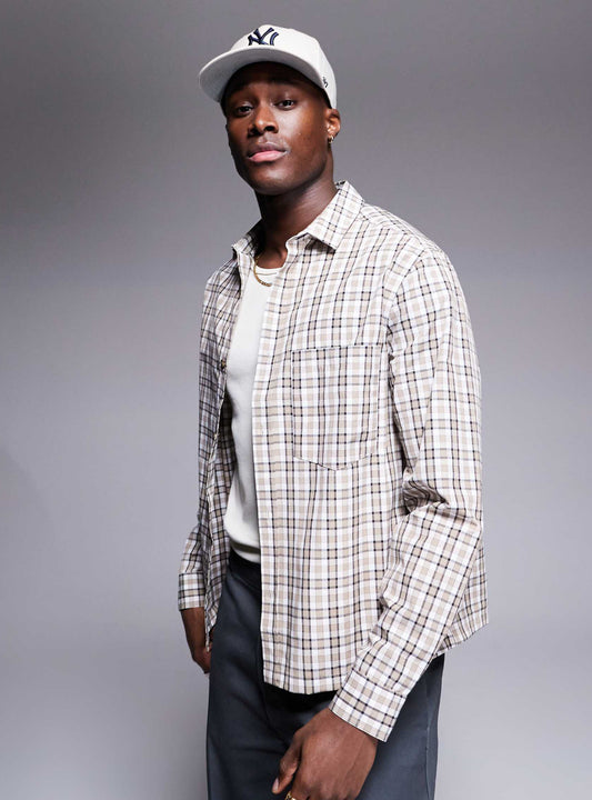 ASOS DESIGN boxy shirt in neutral check