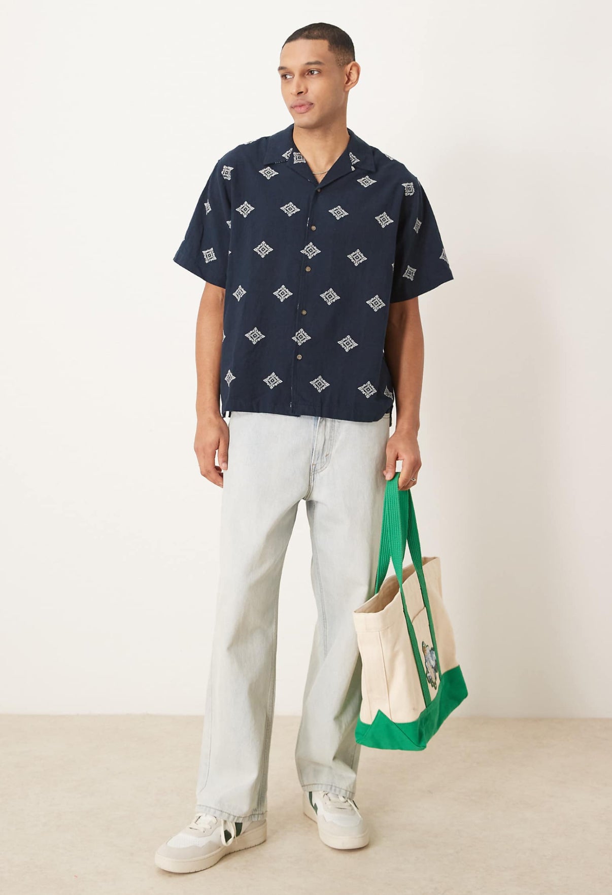 Selected Homme boxy fit revere collar shirt with embroidery in navy