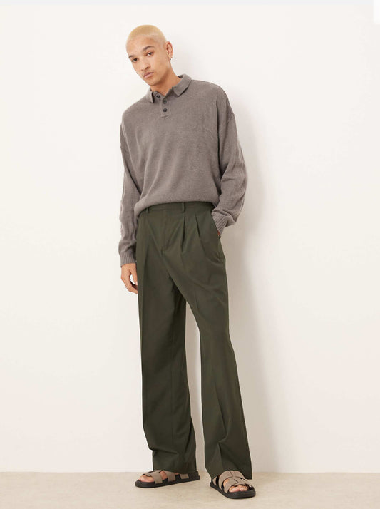ASOS DESIGN smart wide leg trousers with double pleats in green