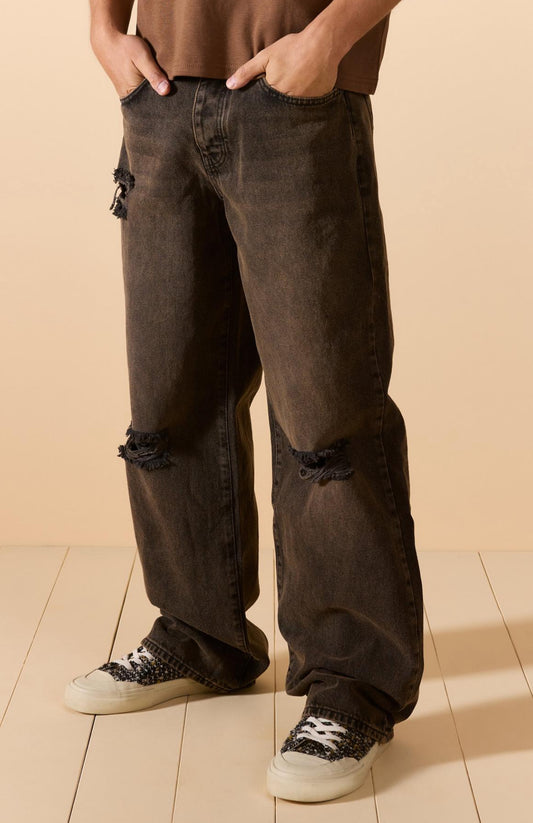 Baggy Rigid Brown Wash Ripped Knee Jeans