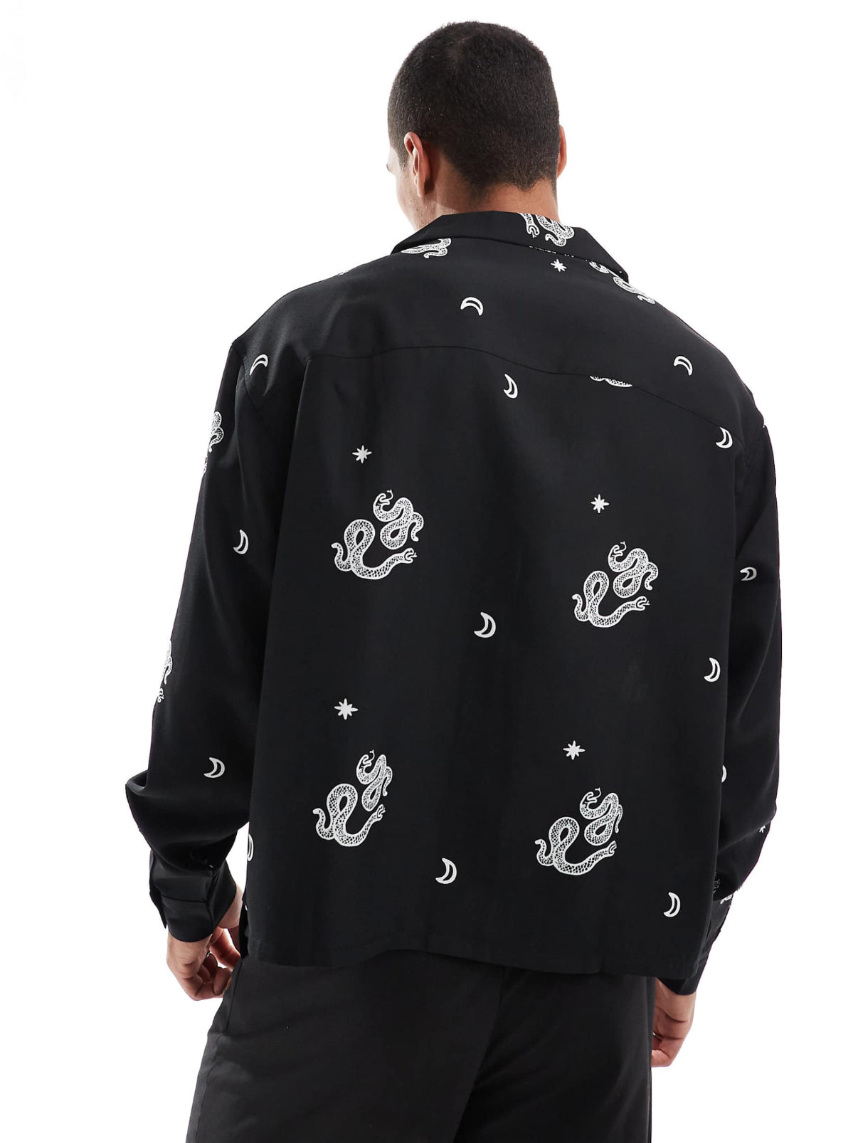 ASOS DESIGN boxy oversized deep revere shirt with snake print in black