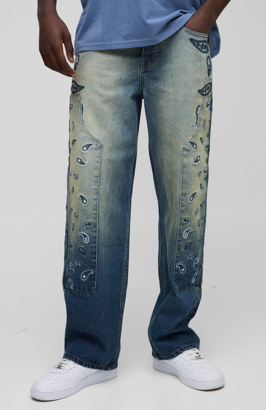 BoohooMAN Relaxed Fit Paisley Embroidered Jeans