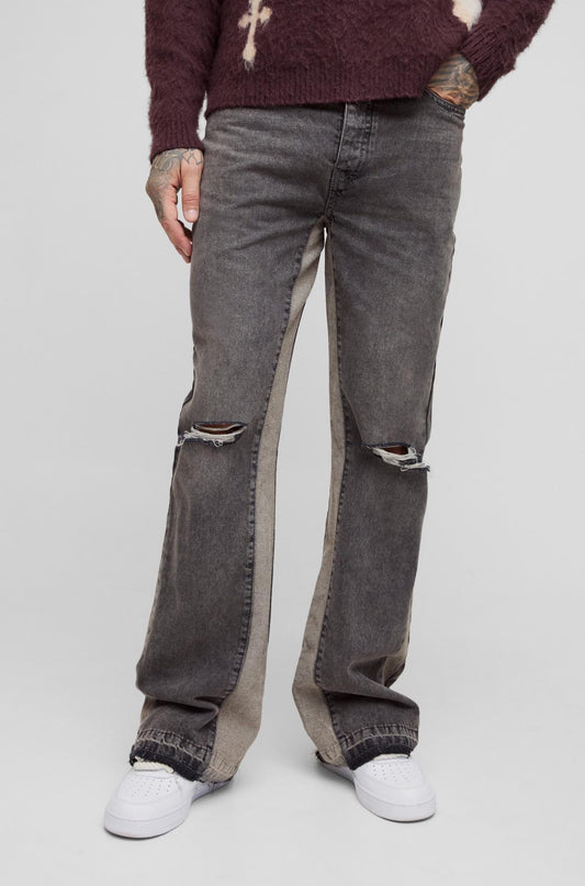 BoohooMAN Tall Relaxed Rigid Flare Knee Rip Jeans