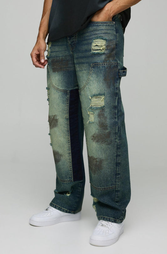 BoohooMAN Relaxed Rigid Ripped Dirty Wash Carpenter Denim Jeans