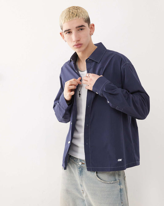 COLLUSION twill long sleeve shirt with contrast stitch in navy