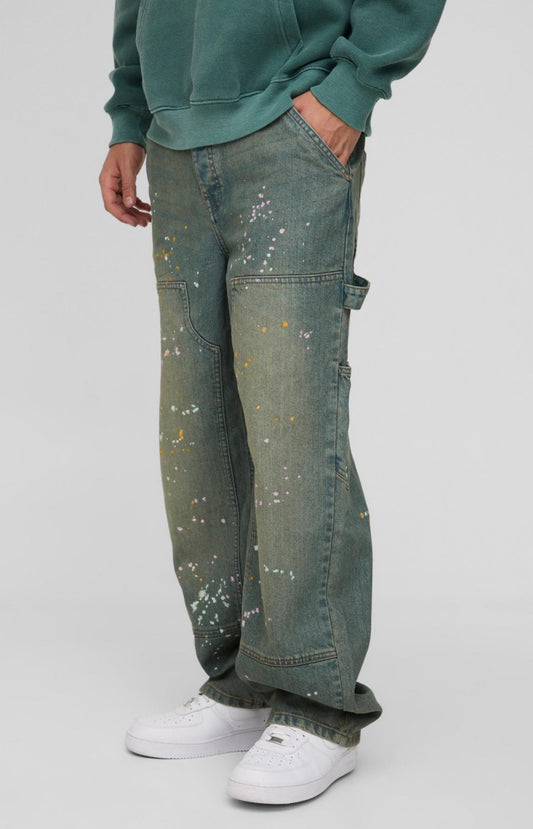 BoohooMAN Relaxed Rigid Paint Splatter Carpenter Denim Jeans