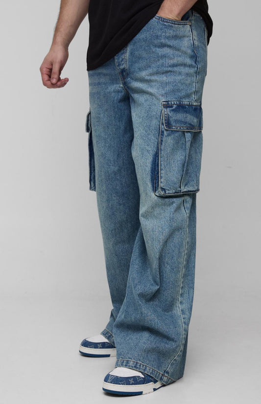 BoohooMAN Tall Denim Cargo Parachute Jeans With Pleat Waist Detail