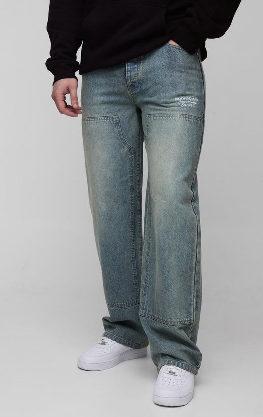BoohooMAN Tall Relaxed Fit Embroidered Carpenter Jeans
