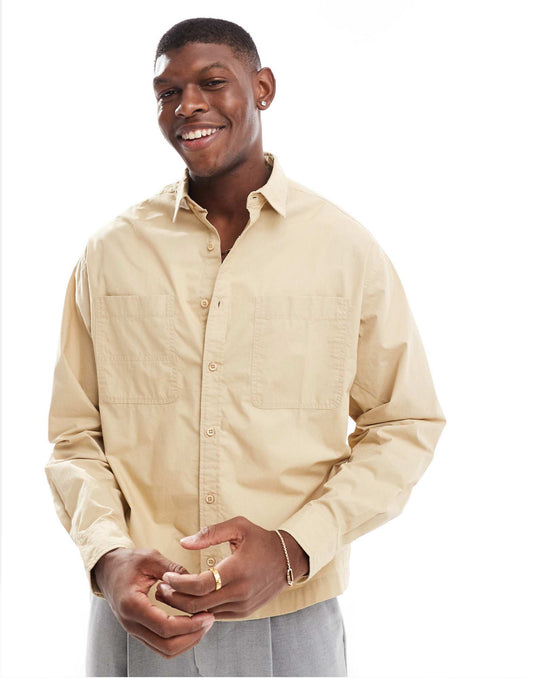 ASOS DESIGN boxy overshirt with square pocket in stone