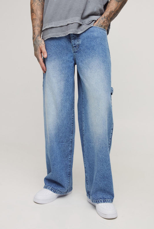 BoohooMAN Tall Washed Adjustable Waist Baggy Carpenter Jeans
