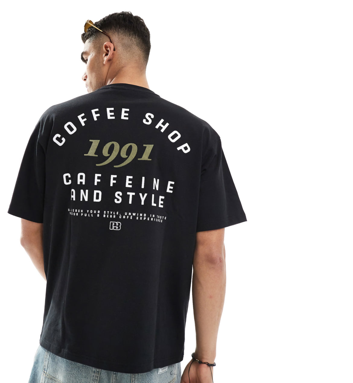 Pull&bear coffee shop back print t-shirt in washed black