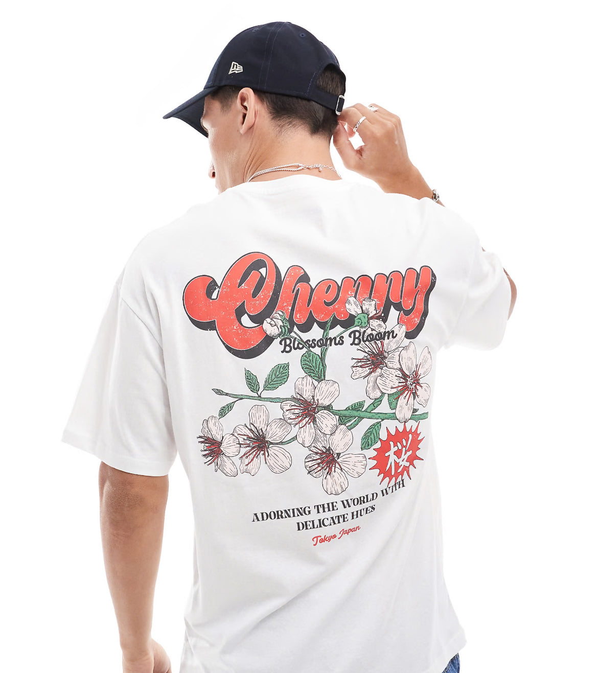 Jack & Jones oversized t-shirt with cherry blossom backprint in white