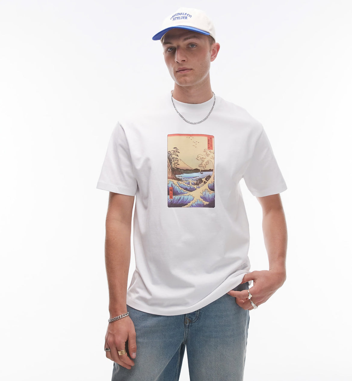 TOPMAN X ASHMOLEAN oversized fit t-shirt with wave and volcano print in white