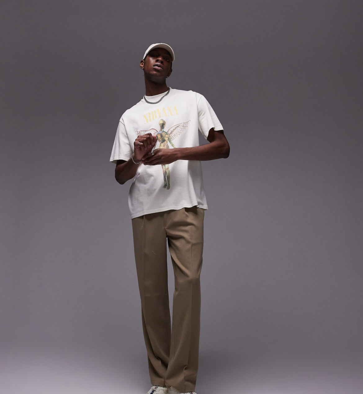 Topman oversized fit t-shirt with Nirvana angel print in ecru