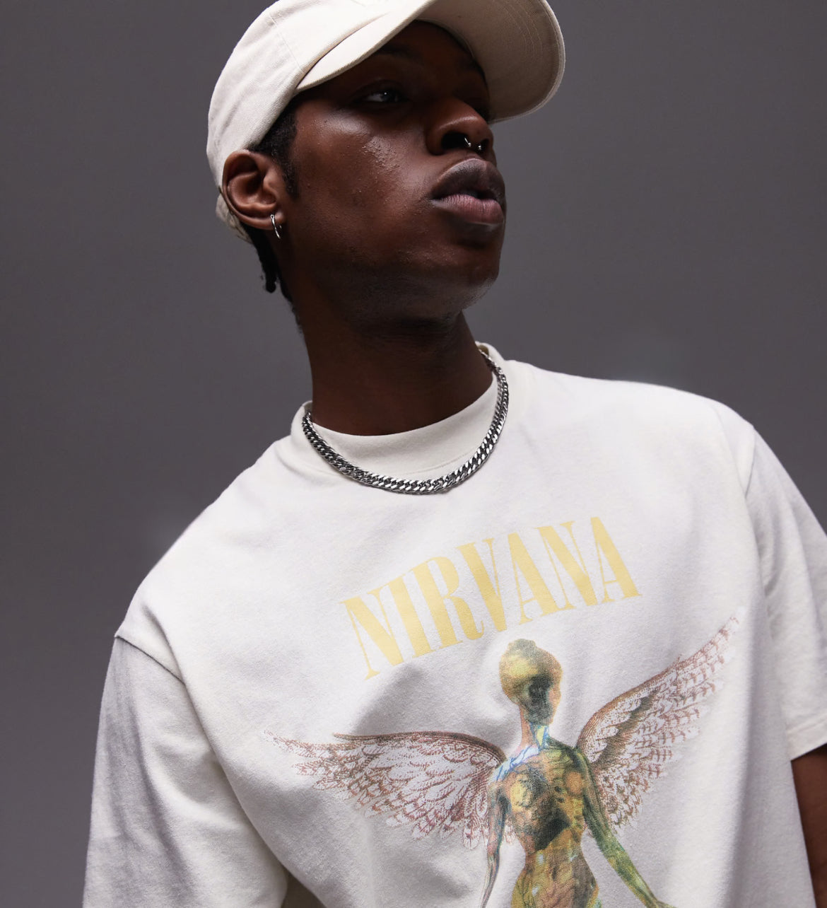 Topman oversized fit t-shirt with Nirvana angel print in ecru
