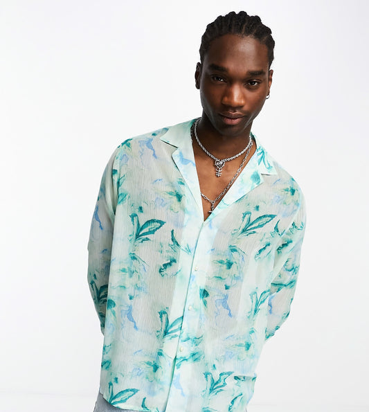 ASOS DESIGN relaxed deep revere sheer shirt in watercolour floral print
