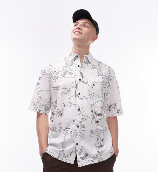 Topman short sleeve relaxed printed linen blend mix shirt in white