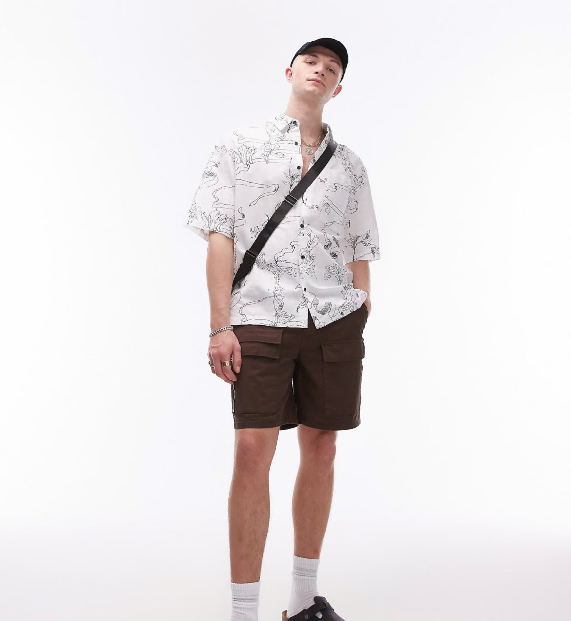 Topman short sleeve relaxed printed linen blend mix shirt in white