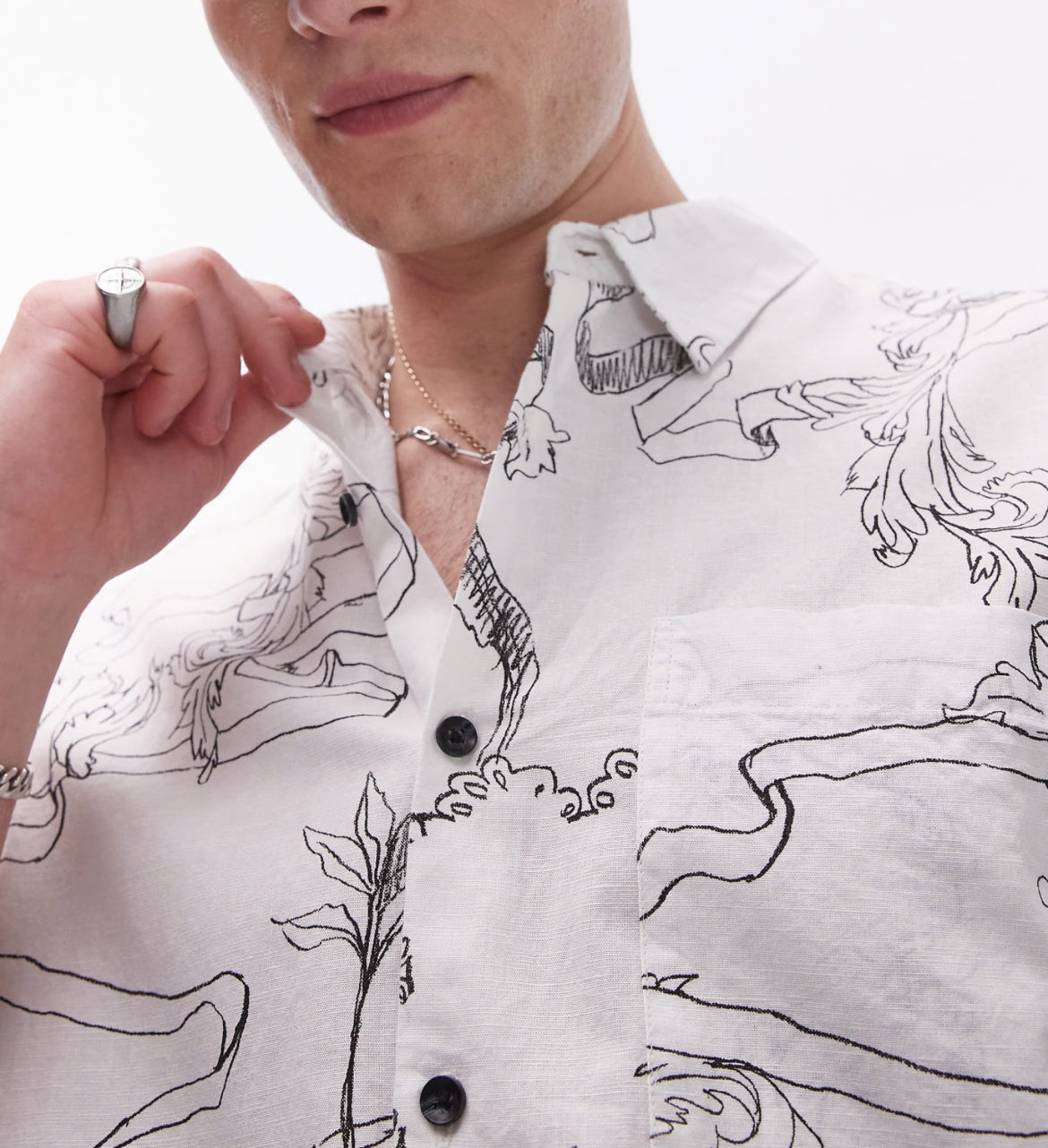 Topman short sleeve relaxed printed linen blend mix shirt in white