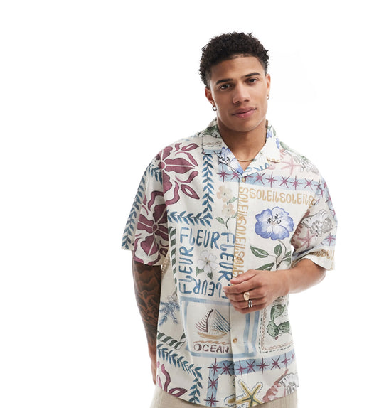 ASOS DESIGN oversized revere shirt with stamp holiday print - MULTI