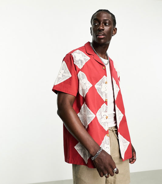 ASOS DESIGN relaxed revere crochet shirt in red