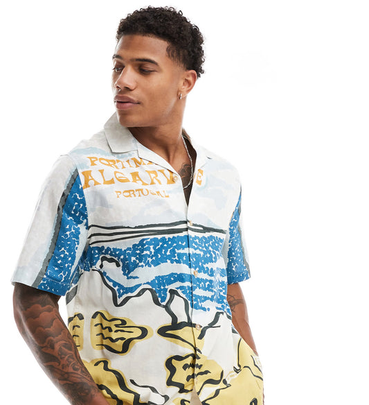 ASOS DESIGN boxy relaxed revere shirt with scenic print