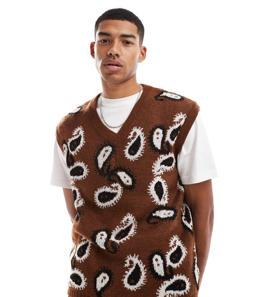 ASOS DESIGN relaxed knitted fluffy v-neck tank in brown paisley pattern