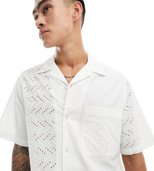 ASOS DESIGN short sleeve relaxed revere broderie shirt in white