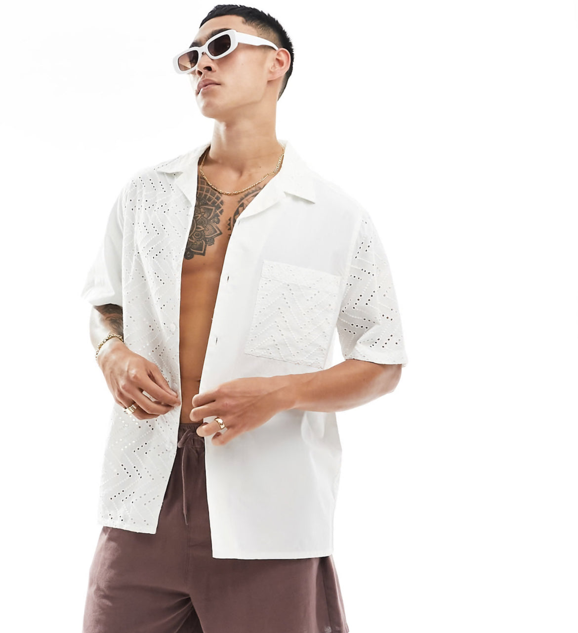 ASOS DESIGN short sleeve relaxed revere broderie shirt in white