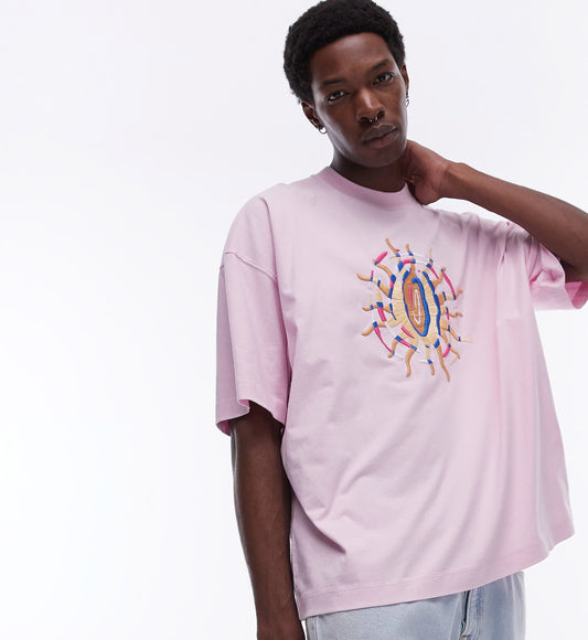 Topman extreme oversized fit t-shirt with sun embroidery in washed pink