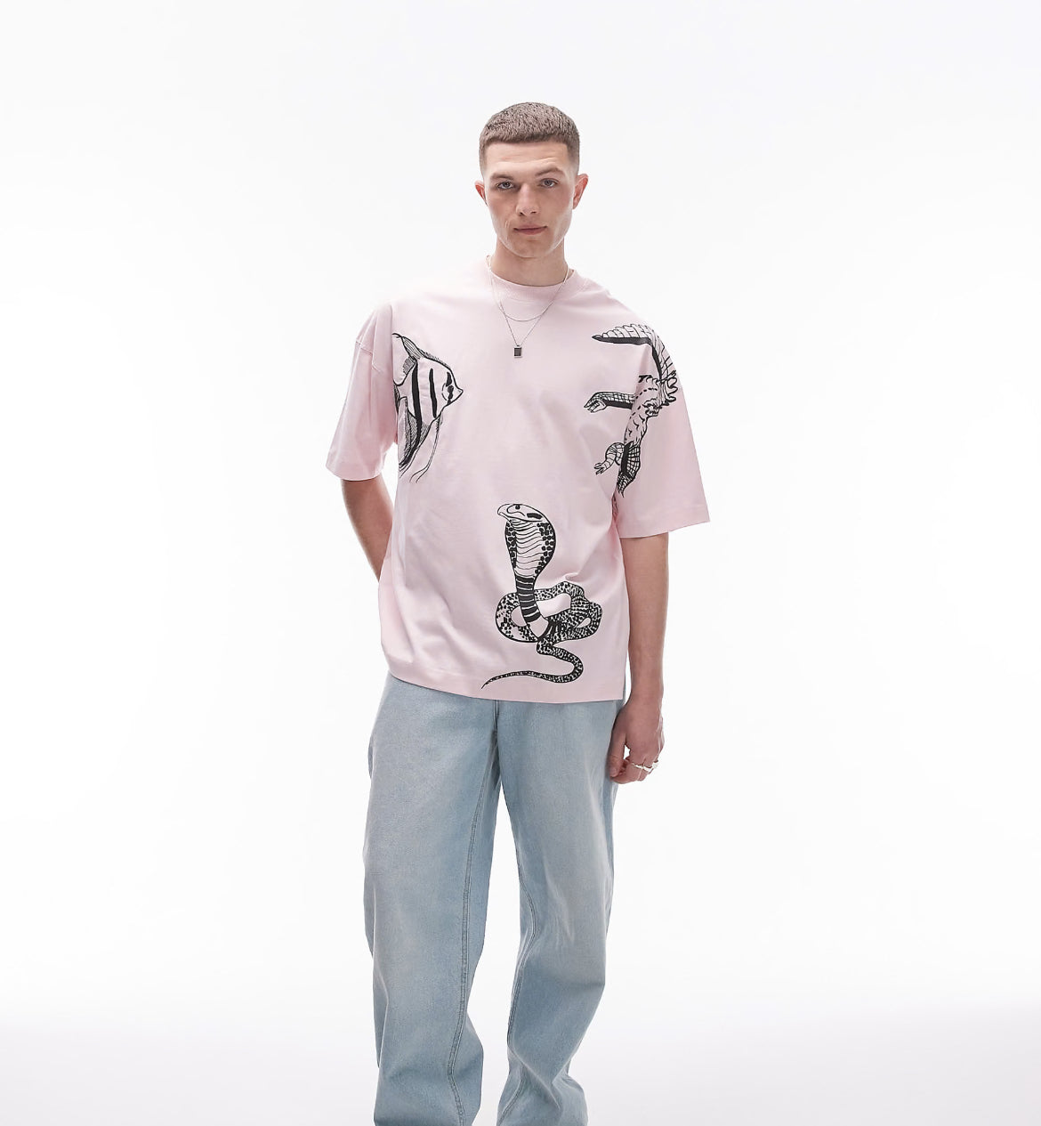 Topman extreme oversized fit t-shirt with animal embroidery in pink